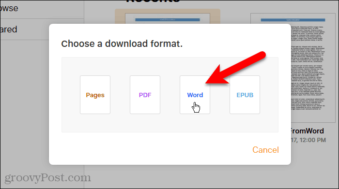 Faceți clic pe Word în caseta de dialog Alegeți un format de descărcare din Pagini pe iCloud