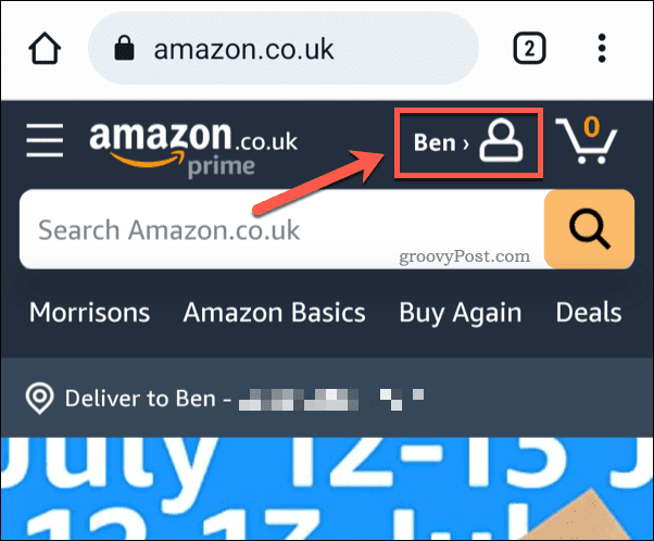 Atingeți pictograma profilului Amazon