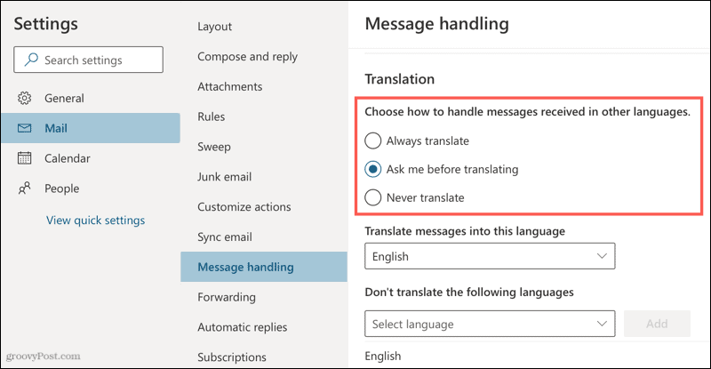 Setări de traducere în Outlook online
