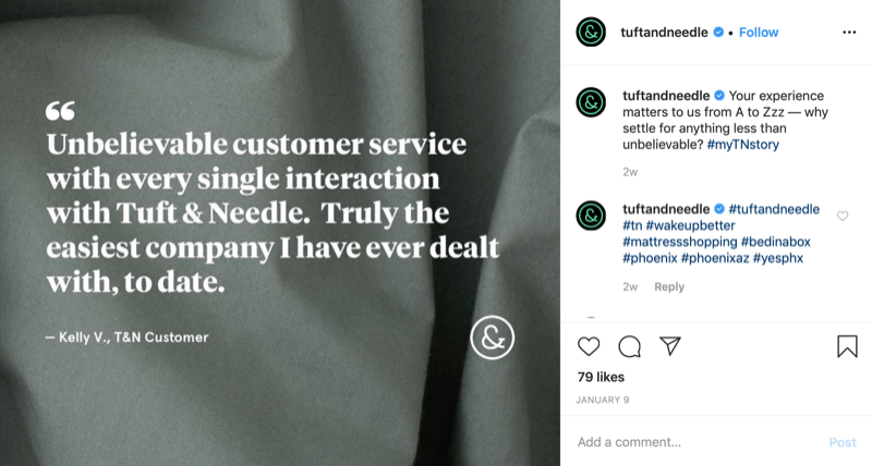 graficul citatului clientului din contul Instagram Tuft și Needle