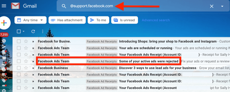exemplu de filtru Gmail pentru @ support.facebook.com pentru a izola toate notificările prin e-mail ale anunțurilor Facebook