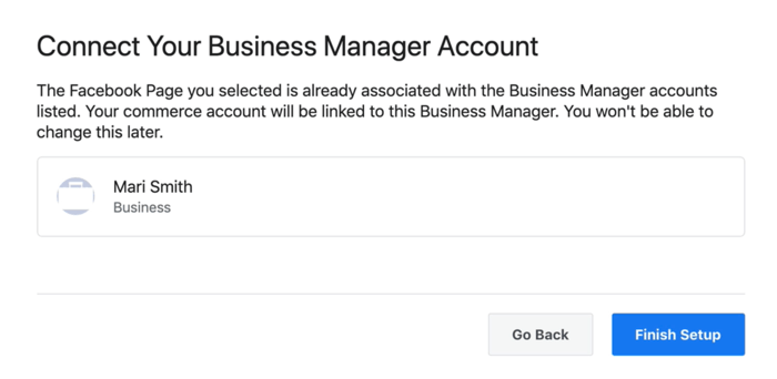 opțiune pentru a vă conecta contul de manager de afaceri Facebook la contul dvs. de comerț facebook