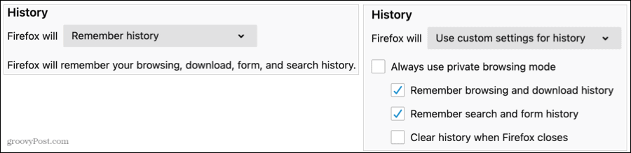 Setări istoric în Firefox