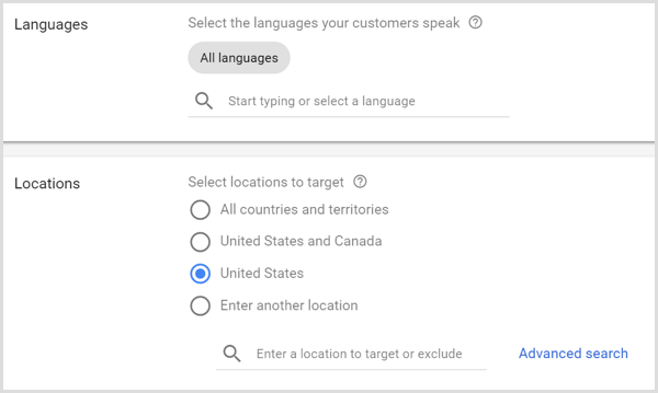 Setări de limbi și locații pentru campania Google AdWords.