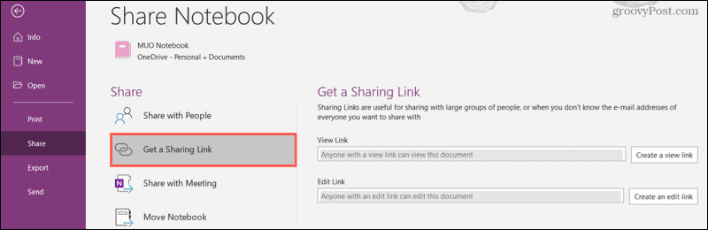 Obțineți un link de partajare pe desktopul OneNote