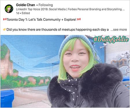 Aceasta este o captură de ecran a unui videoclip LinkedIn în care Goldie Chan își documentează călătoriile. Textul de deasupra videoclipului spune „Toronto Day 1: Let