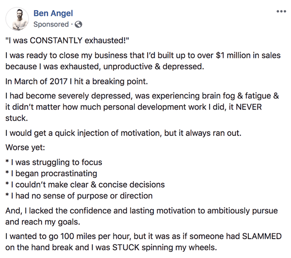 Cum să scrieți și să structurați postări sponsorizate pe Facebook de formă mai lungă, pasul 1, exemplu de declarații din fundal de Ben Angel