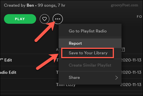 Salvarea unei liste de redare Spotify într-o bibliotecă de utilizator