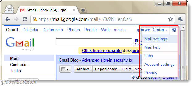 meniul derulant al setărilor de e-mail gmail