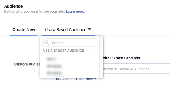 Opțiunea de a utiliza un public salvat pentru o campanie publicitară pe Facebook.