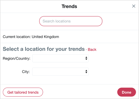 Selectați țara și orașul pe care doriți să vă concentrați cu tendințele Twitter.