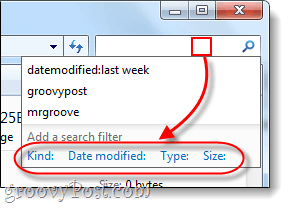 filtre de căutare în Windows 7