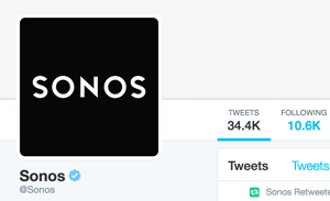 Contul Twitter Sonos este verificat și afișează insigna albastră verificată Twitter.