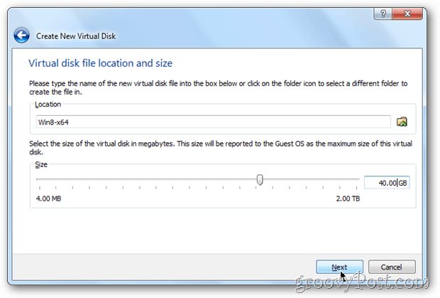 Windows 8 configurați dimensiunea discului VirtualBox