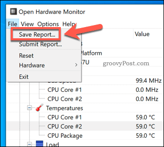 Salvarea unui raport Open Hardware Monitor