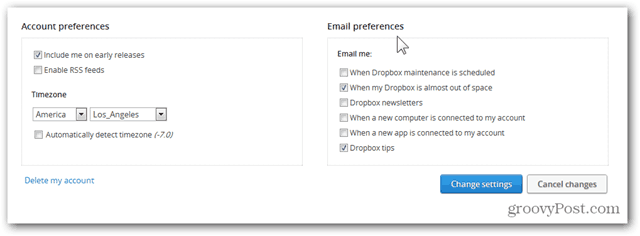 dropbox configurați preferințele de e-mail