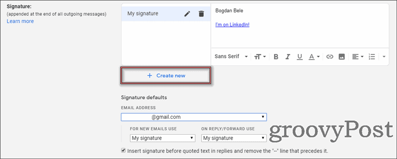 Setări pentru mai multe semnături Gmail noi