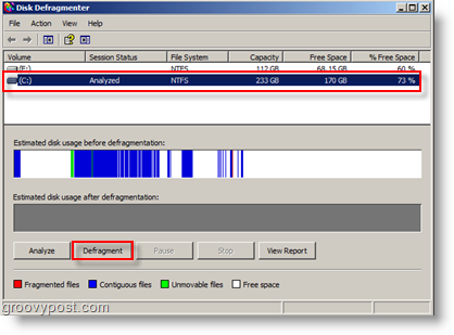 Opțiuni Defragmentare disc pentru Windows XP - Analiza și defragmentare