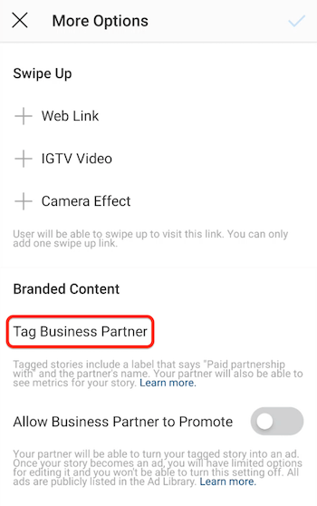Etichetați opțiunea Business Partner pentru Instagram Stories