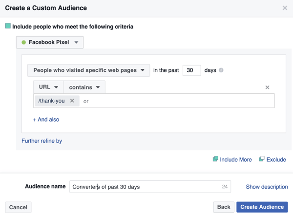 Pentru a crea un public personalizat pe Facebook al unor cumpărători anteriori, adăugați adresa URL a paginii de mulțumire.