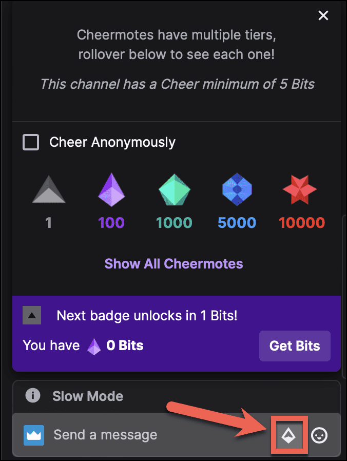 Selectați pictograma diamant în chatul Twitch pentru a trimite biți unui streamer