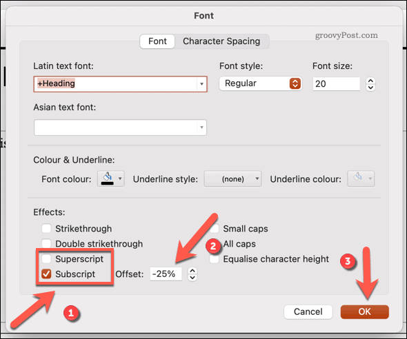 Schimbarea fontului în subindice sau superindice în Powerpoint pe Mac
