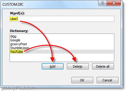 adăugați sau eliminați cuvinte din fișierul de dicționar personalizat Office 2010