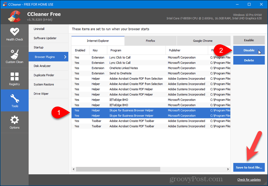 Gestionați pluginurile browserului în CCleaner