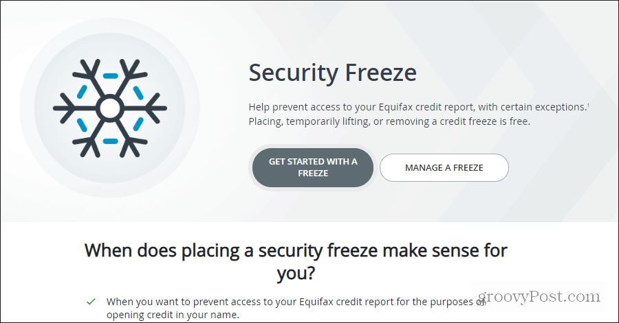Pagina de înghețare a securității Equifax
