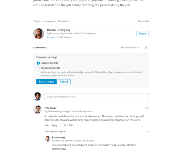 LinkedIn a lansat posibilitatea editorilor de a gestiona direct comentariile la articolele lor de formă lungă.