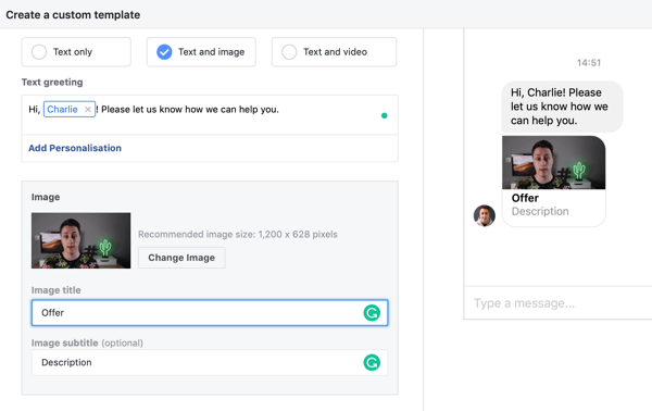Cum să vizați clienții potențiali calzi cu anunțuri Facebook Messenger, pasul 11, exemplu de copiere a șablonului personalizat de destinație Messenger
