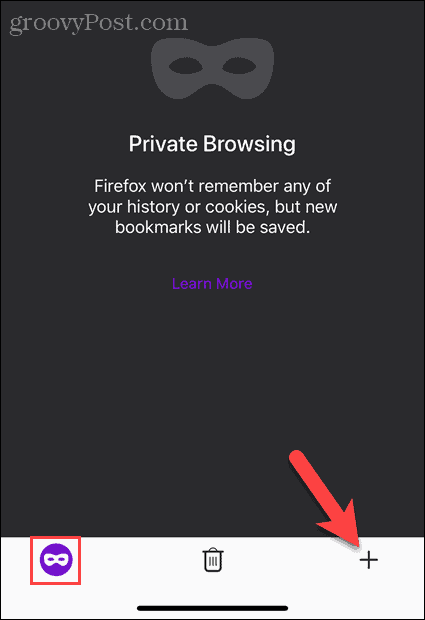 Atingeți butonul New Tab în modul de navigare privată în Firefox pe iOS