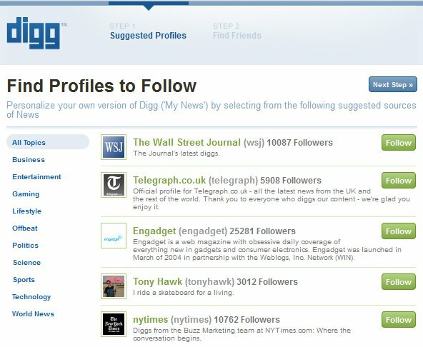 Conectare Digg nouă - Pasul 1 - Găsiți profiluri