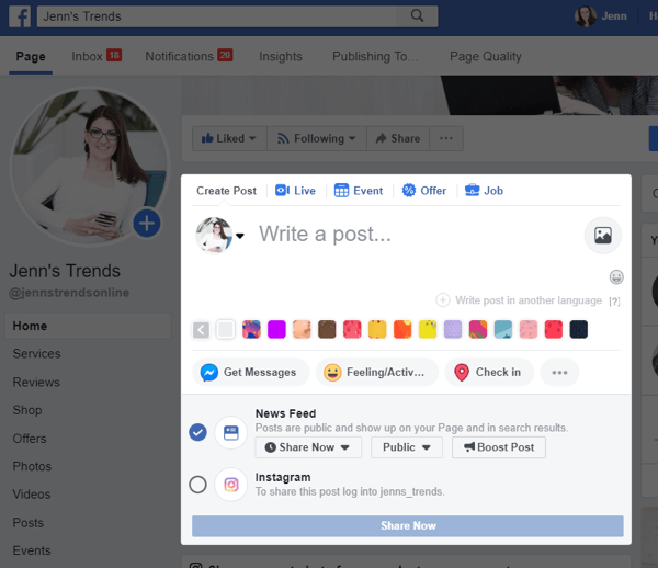 Cum să postezi încrucișat pe Instagram de pe Facebook pe desktop, pasul 2, opțiunea de postare încrucișată pe Instagram din postarea ta de pe Facebook