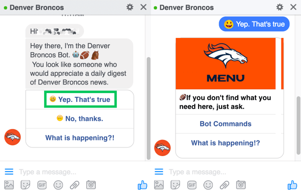 Chatbot-ul Denver Broncos îi solicită pe utilizatori să se înscrie pentru rezumatul lor zilnic.