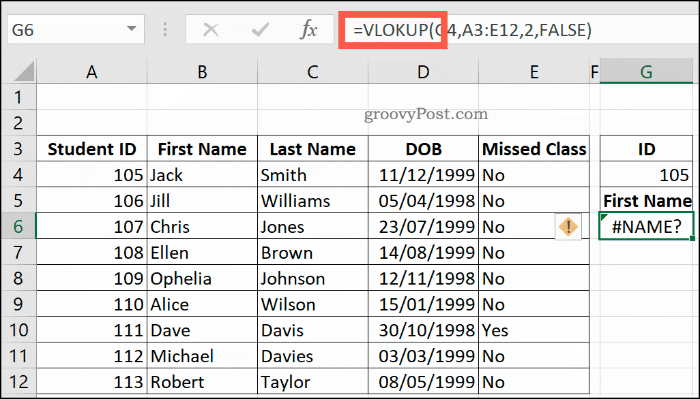 Formulă VLOOKUP greșită în Excel, returnând o eroare NAME