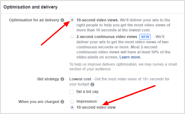 Alegeți cum doriți să optimizați difuzarea anunțurilor pentru anunțul dvs. Facebook.