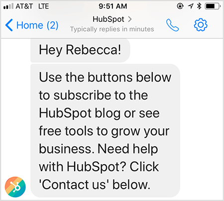 Mesajul de bun venit al chat-ului HubSpot vă permite să contactați un om.