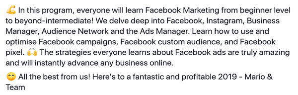 Cum să scrieți și să structurați postări sponsorizate pe Facebook de formă mai lungă, pasul 6, exemplu de declarație a caracteristicilor programului de Damn Good Academy de Mario