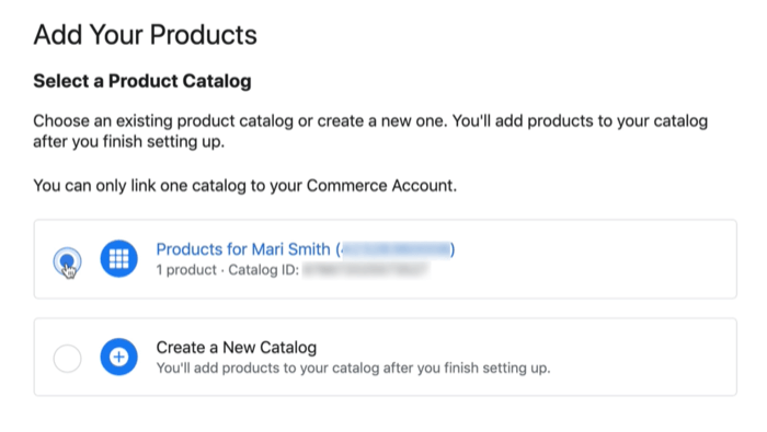 Opțiunea de catalog de produse facebook pentru a conecta un catalog existent sau nou