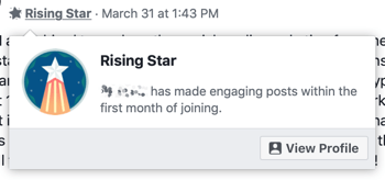 Cum se utilizează funcțiile Grupurilor Facebook, exemplu de insignă de grup Rising Star