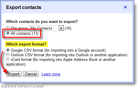 export aplicații google tip de contacte gmail