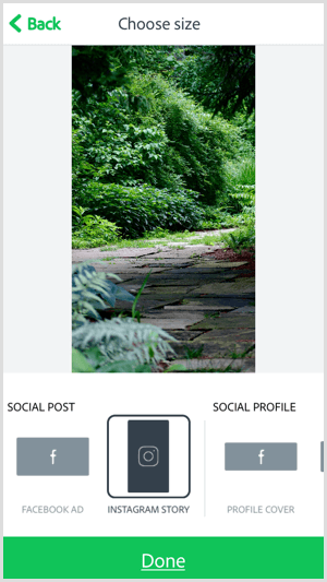Selectați o dimensiune cu aplicația mobilă Adobe Spark Post.