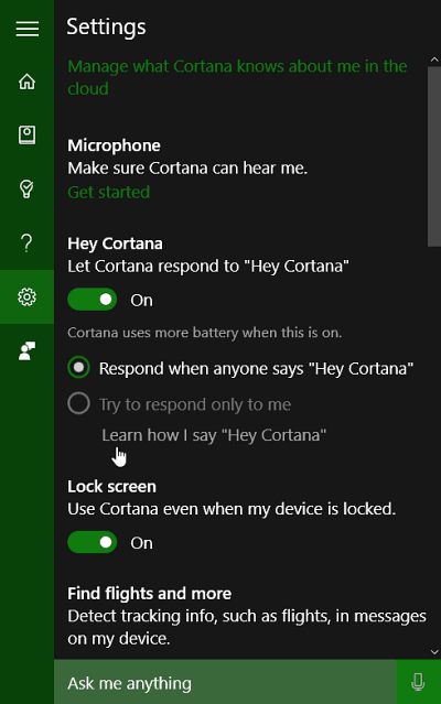 Setări Cortana