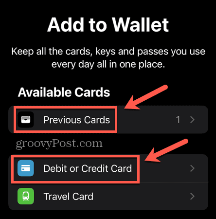 apple pay adăugați cardul anterior sau cardul de debit sau credit nou