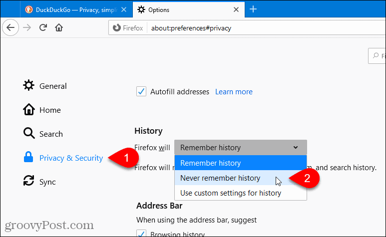 Selectați Niciodată nu vă amintiți Istoricul în Firefox