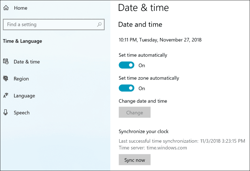 Setări pentru ceasul de sincronizare Windows 10 19H1