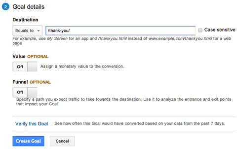 destinația adresei URL a obiectivului Google Analytics