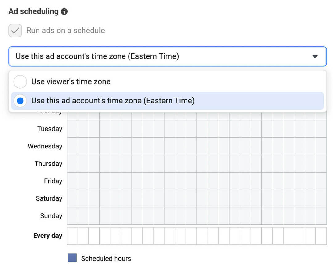 cum-să-lansați-anunțuri-apel-pentru-facebook-ad-set-level-select-hours-use-this-ad-accounts-time-zone-option-scheduling-example-7