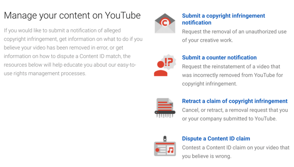 YouTube are proceduri de eliminare pe care le puteți urma dacă cineva vă încalcă drepturile de autor.